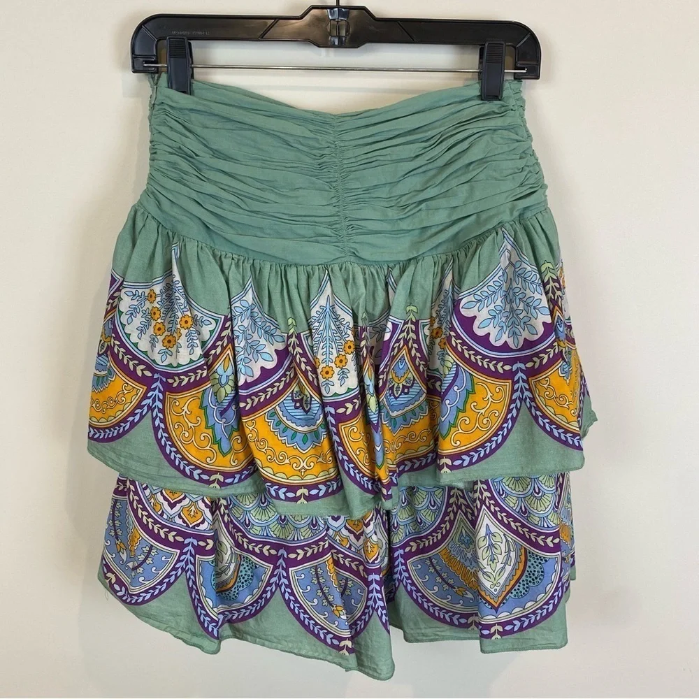 Anthropologie LetMeBe Tiered Bohemian Mini Skirt Sz S Lined‎ Ruched Waist Fairy